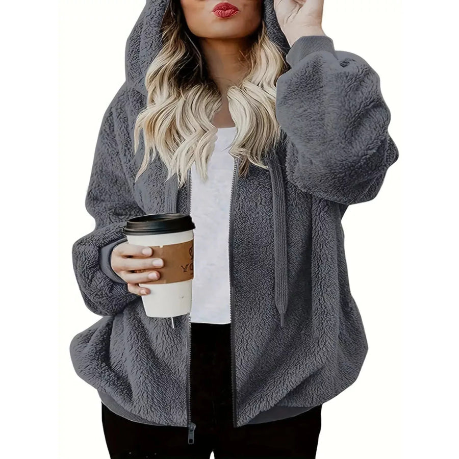 Fleece Zip-Up Drawstring Outerwear Gray / S Apparel and Accessories