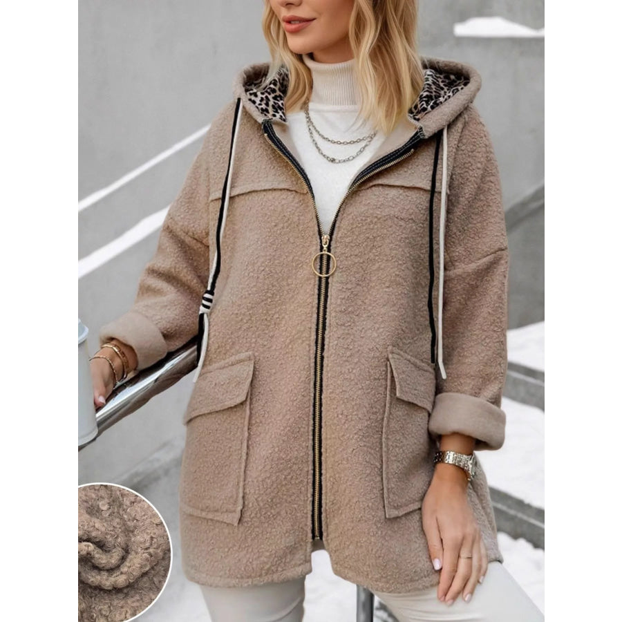 Fleece Zip Up Hooded Outerwear Khaki / S Apparel and Accessories
