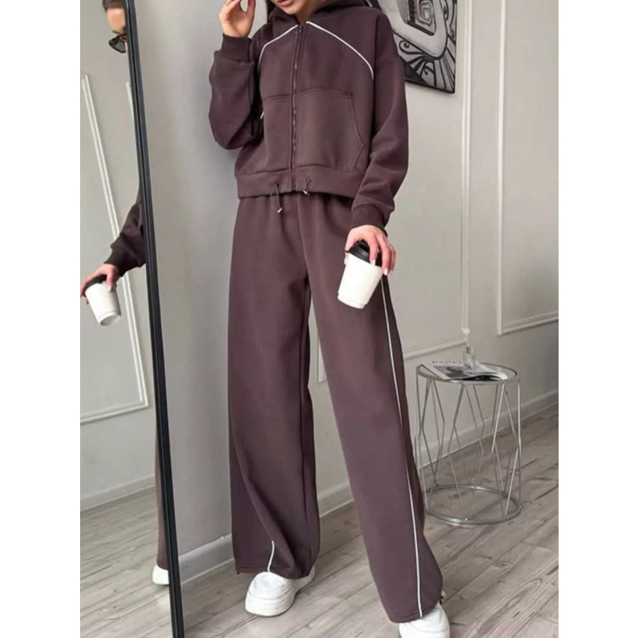 Fleece Zip-Up Hoodie and Joggers Set Brown / S Apparel and Accessories
