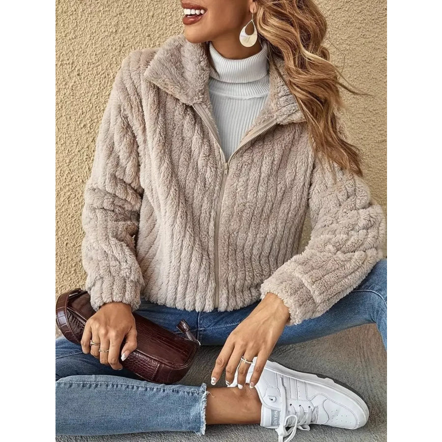 Fleece Zip-Up Outerwear Apricot / S Apparel and Accessories