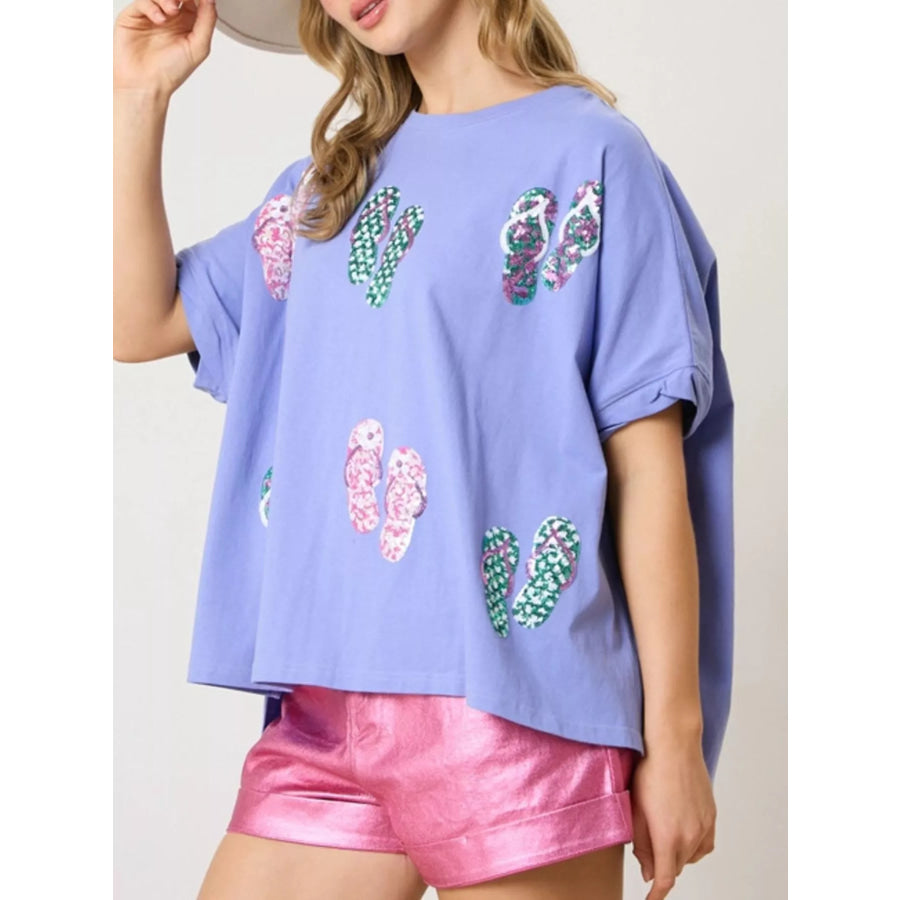 Flip-Flop Print Round Neck Casual T-Shirt Blue / S Apparel and Accessories