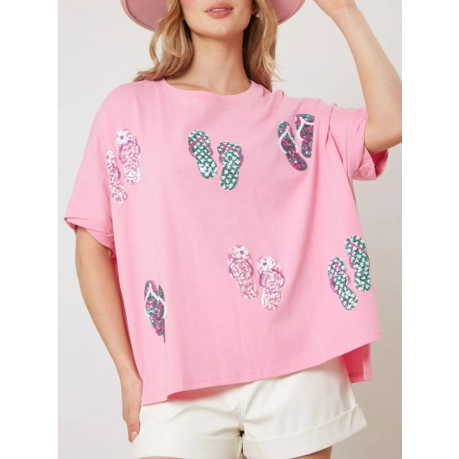 Flip-Flop Print Round Neck Casual T-Shirt Pink / S Apparel and Accessories