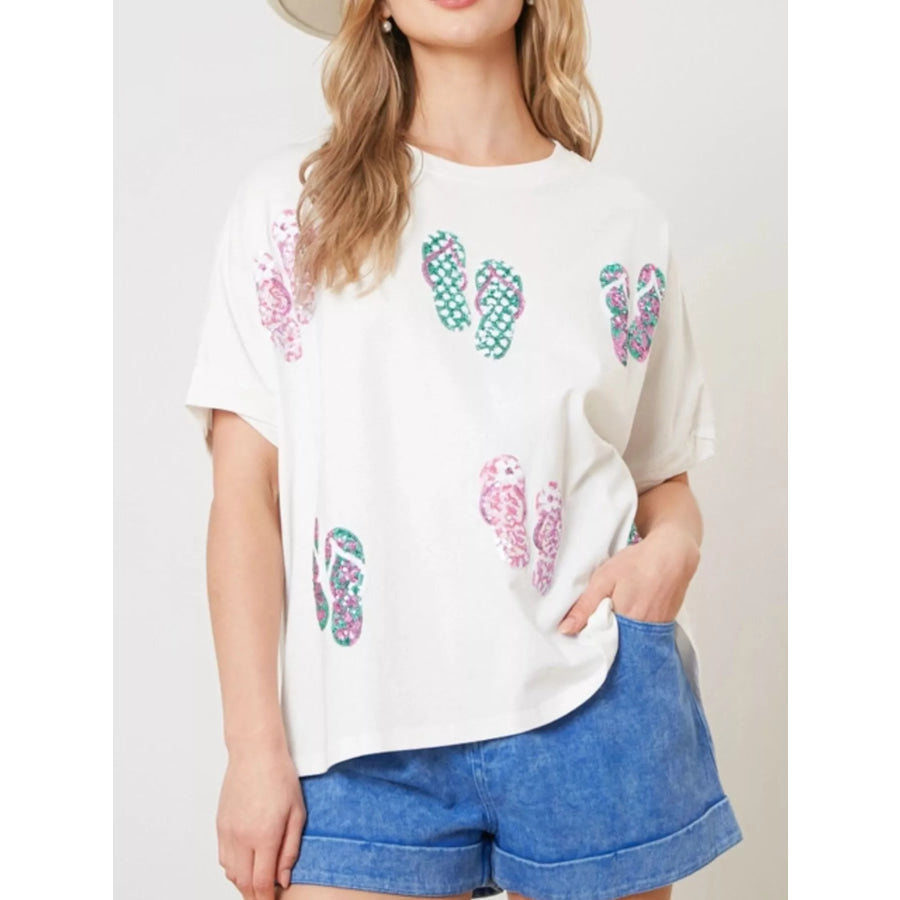 Flip-Flop Print Round Neck Casual T-Shirt White / S Apparel and Accessories