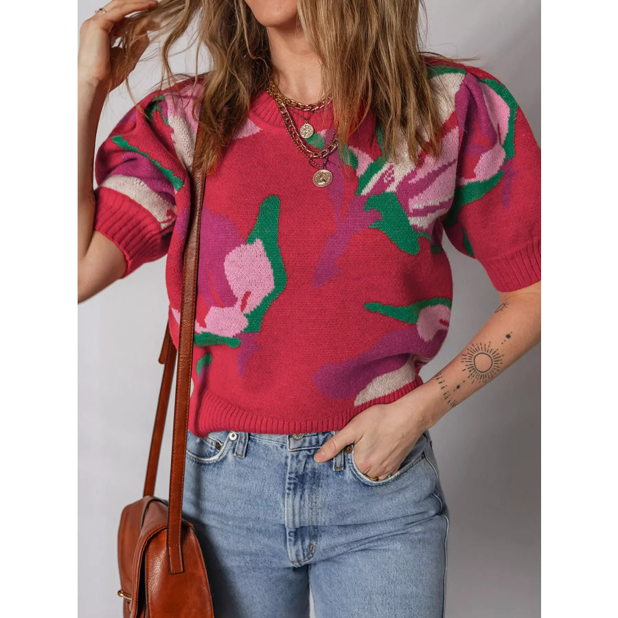 Floral Abstract Print Short Puff Sleeve Sweater Apparel and Accessories