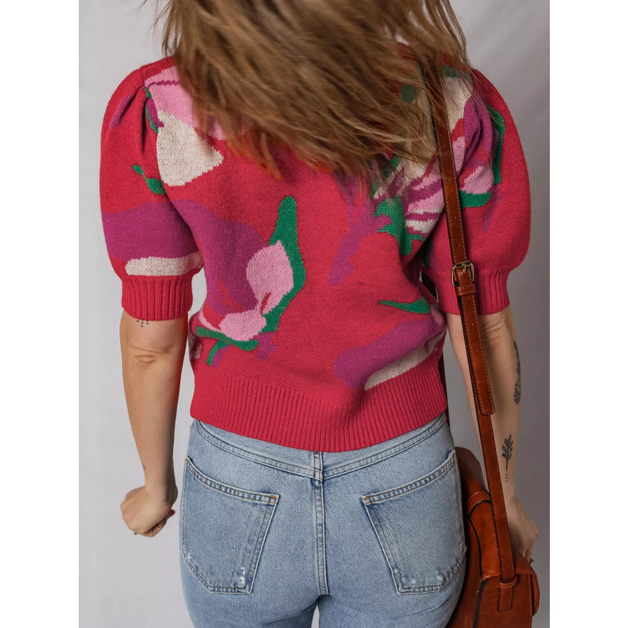 Floral Abstract Print Short Puff Sleeve Sweater Apparel and Accessories