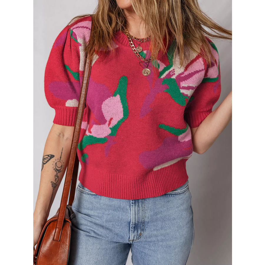 Floral Abstract Print Short Puff Sleeve Sweater Apparel and Accessories