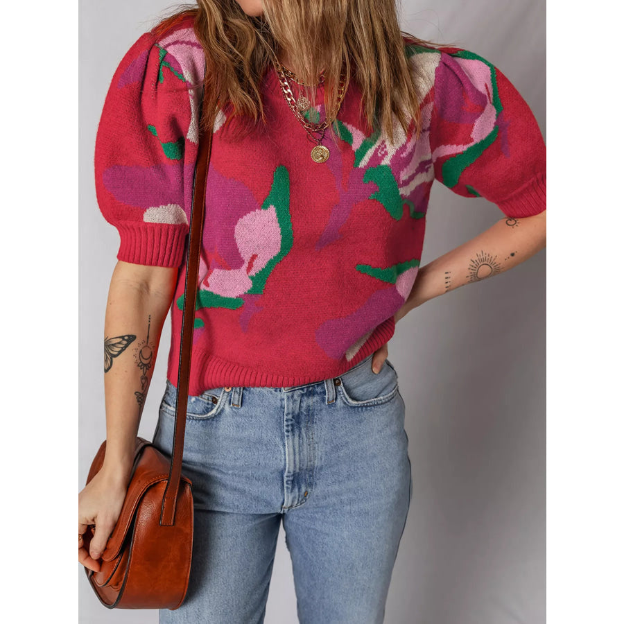 Floral Abstract Print Short Puff Sleeve Sweater Apparel and Accessories