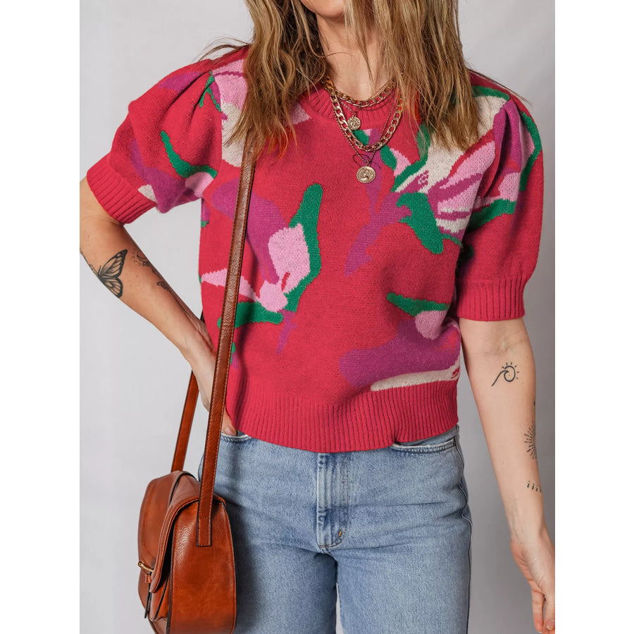 Floral Abstract Print Short Puff Sleeve Sweater Apparel and Accessories