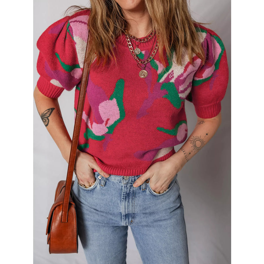 Floral Abstract Print Short Puff Sleeve Sweater Scarlet / S Apparel and Accessories