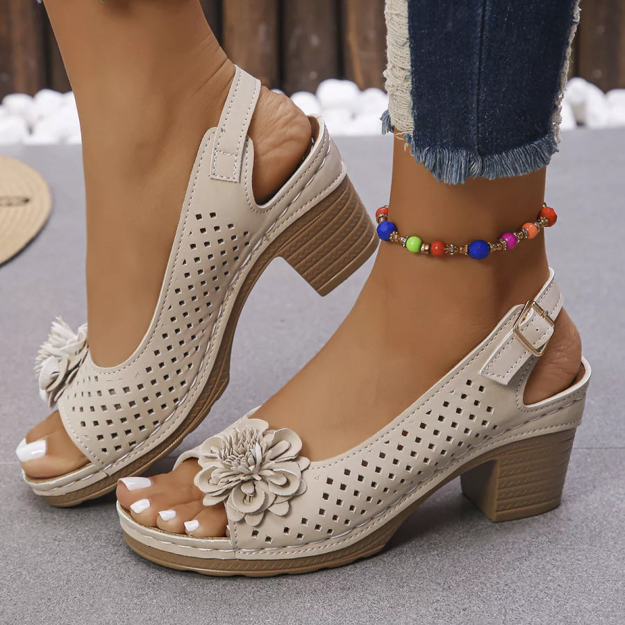 Floral Accent Block Heel Sandals Apricot / 36 Apparel and Accessories