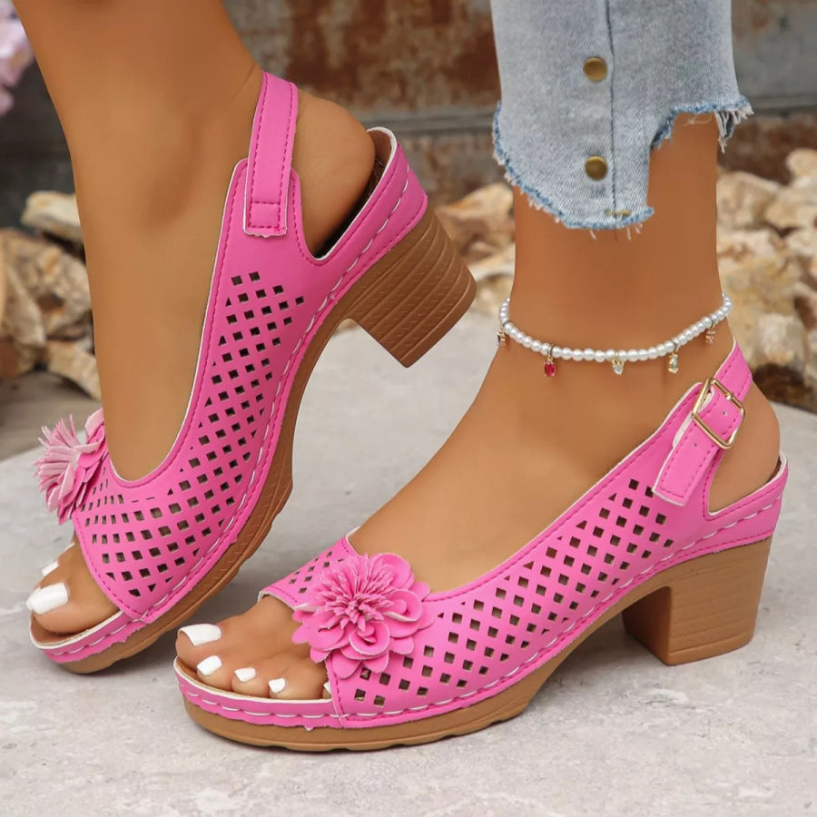 Floral Accent Block Heel Sandals Pink / 36 Apparel and Accessories