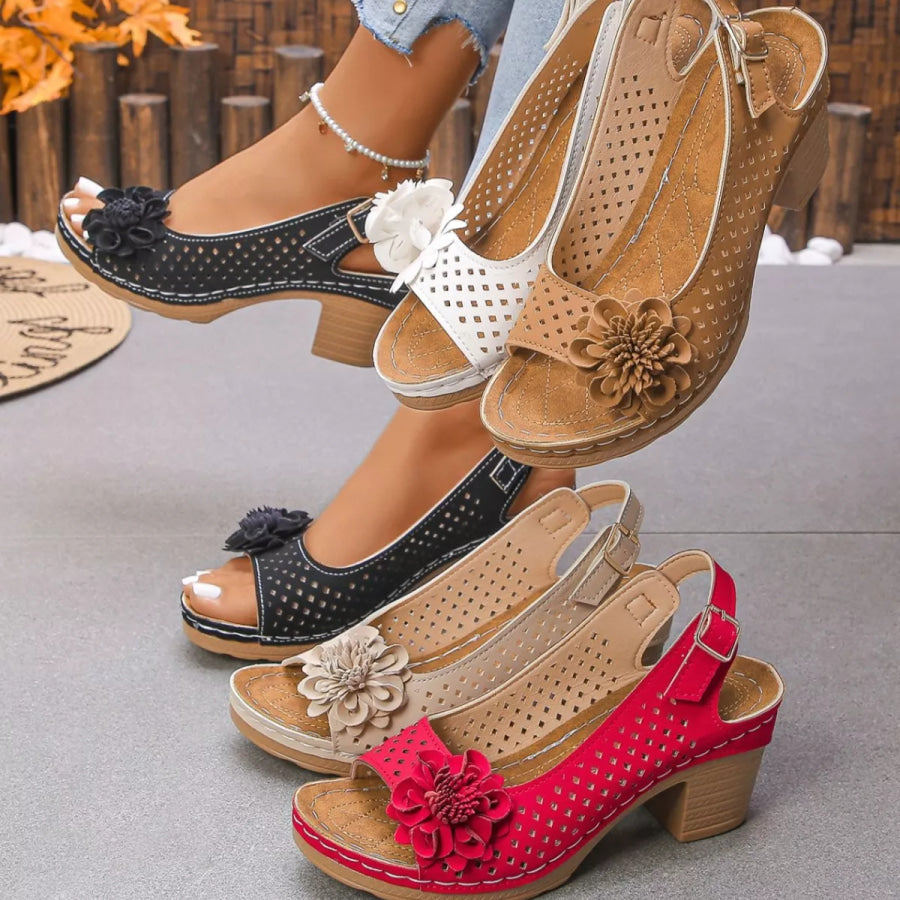 Floral Accent Block Heel Sandals Red / 36 Apparel and Accessories