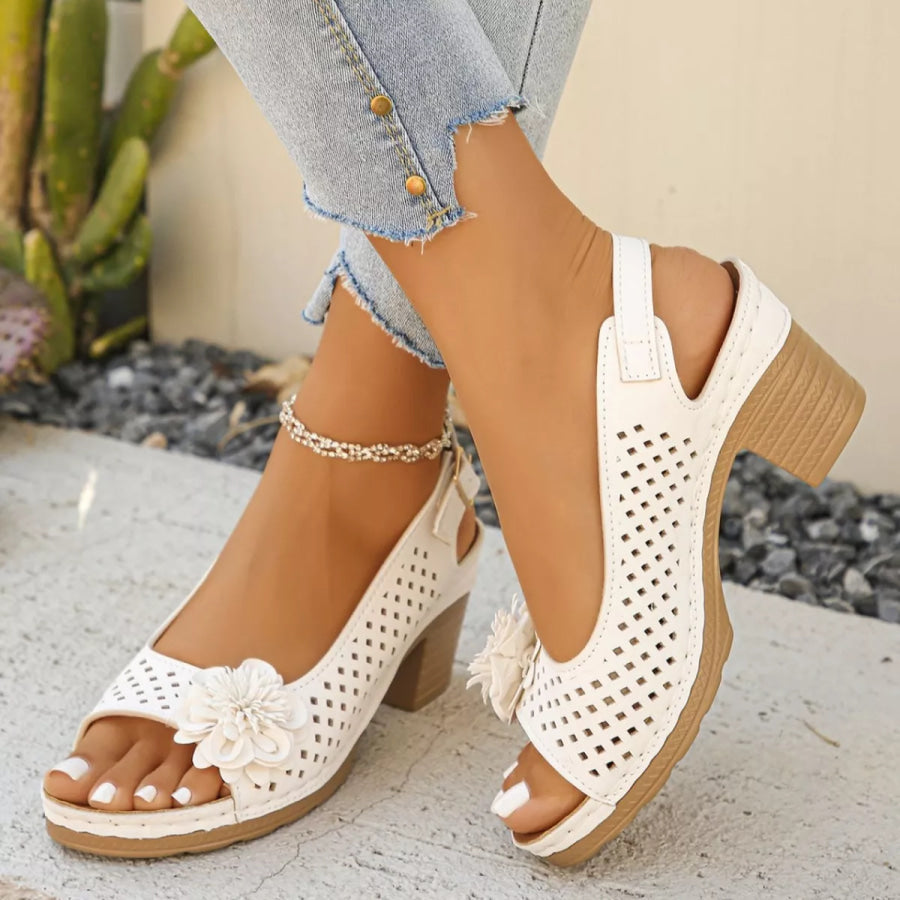 Floral Accent Block Heel Sandals White / 36 Apparel and Accessories