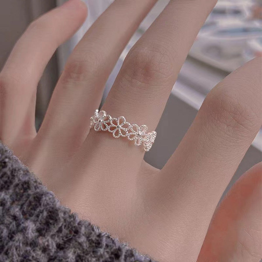 Floral Adjustable Open Ring Silver / One Size Apparel and Accessories
