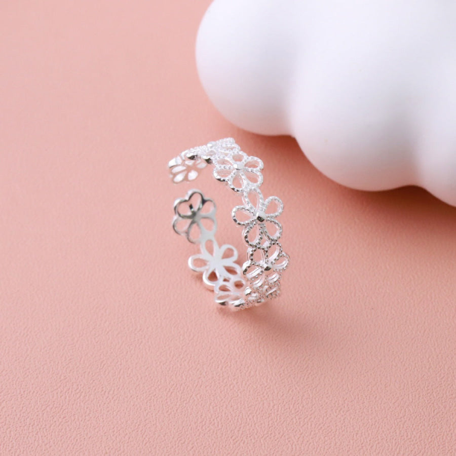 Floral Adjustable Open Ring Silver / One Size Apparel and Accessories