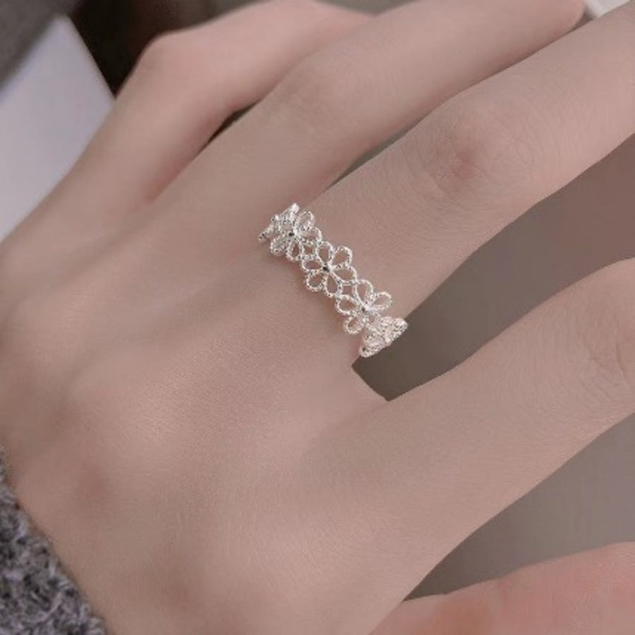 Floral Adjustable Open Ring Silver / One Size Apparel and Accessories