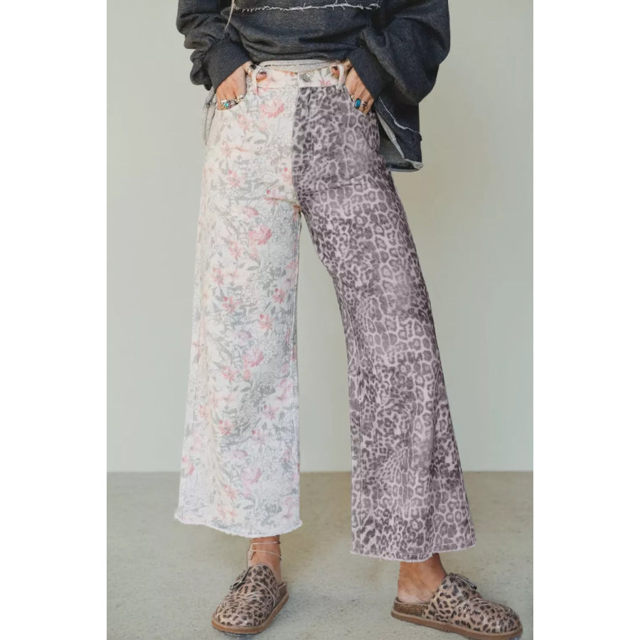 Floral and Leopard Print Wide-Leg Jeans Leopard / 4 Apparel and Accessories