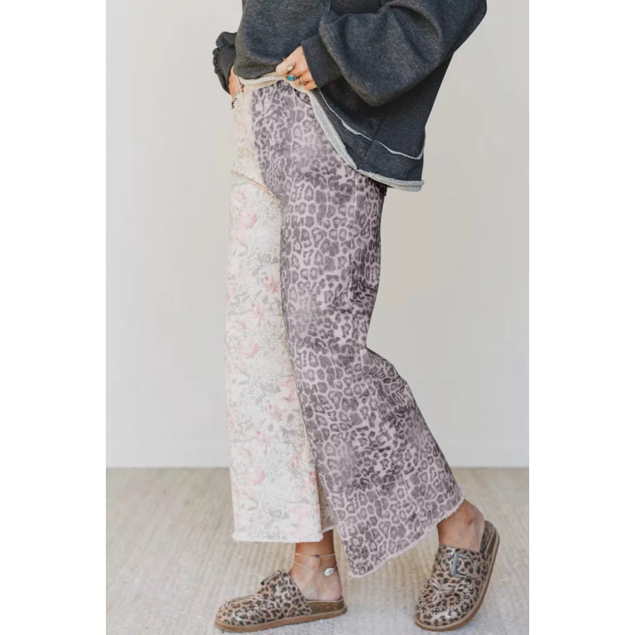 Floral and Leopard Print Wide-Leg Jeans Apparel and Accessories