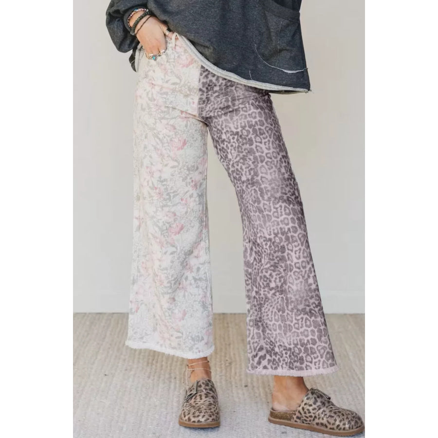 Floral and Leopard Print Wide-Leg Jeans Apparel and Accessories