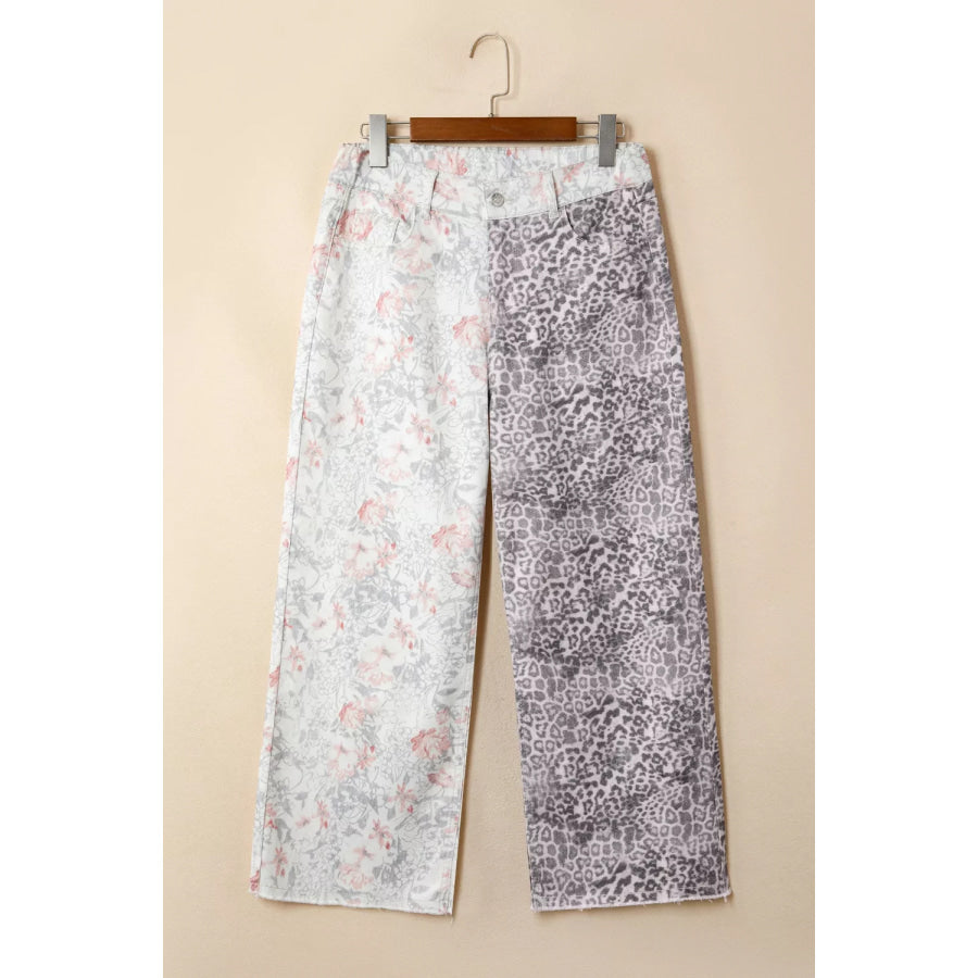 Floral and Leopard Print Wide-Leg Jeans Apparel and Accessories