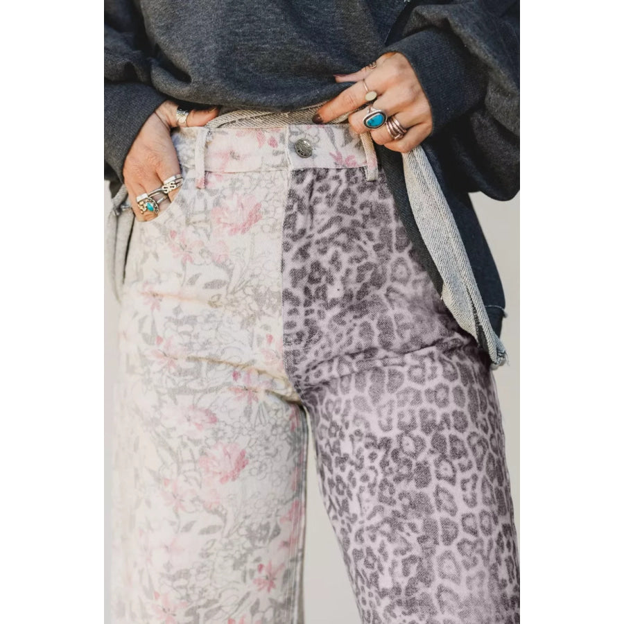 Floral and Leopard Print Wide-Leg Jeans Apparel and Accessories