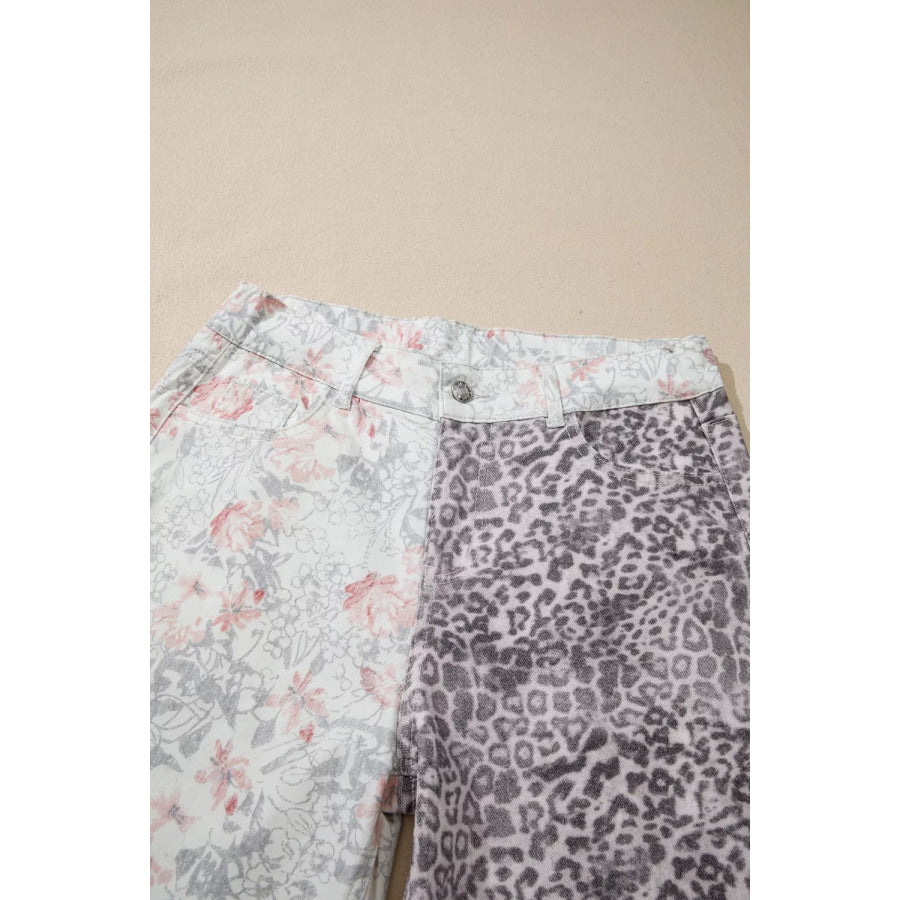 Floral and Leopard Print Wide-Leg Jeans Apparel and Accessories