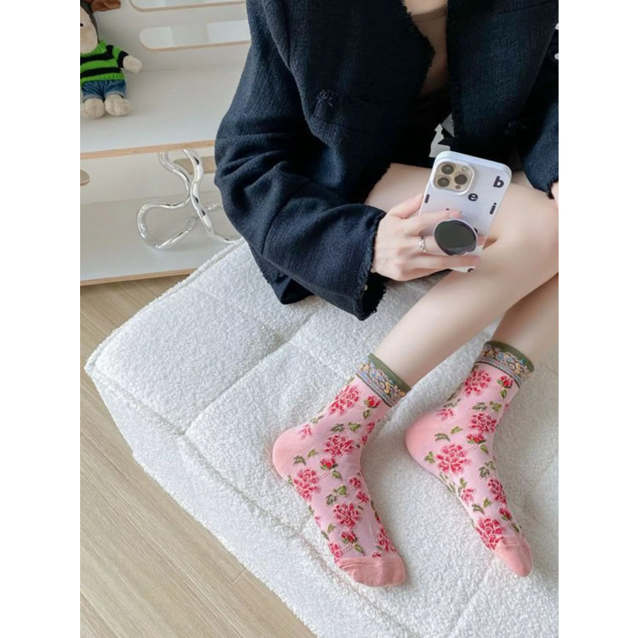 Floral Ankle Socks with Contrast Trim Pink / One Size Apparel and Accessories
