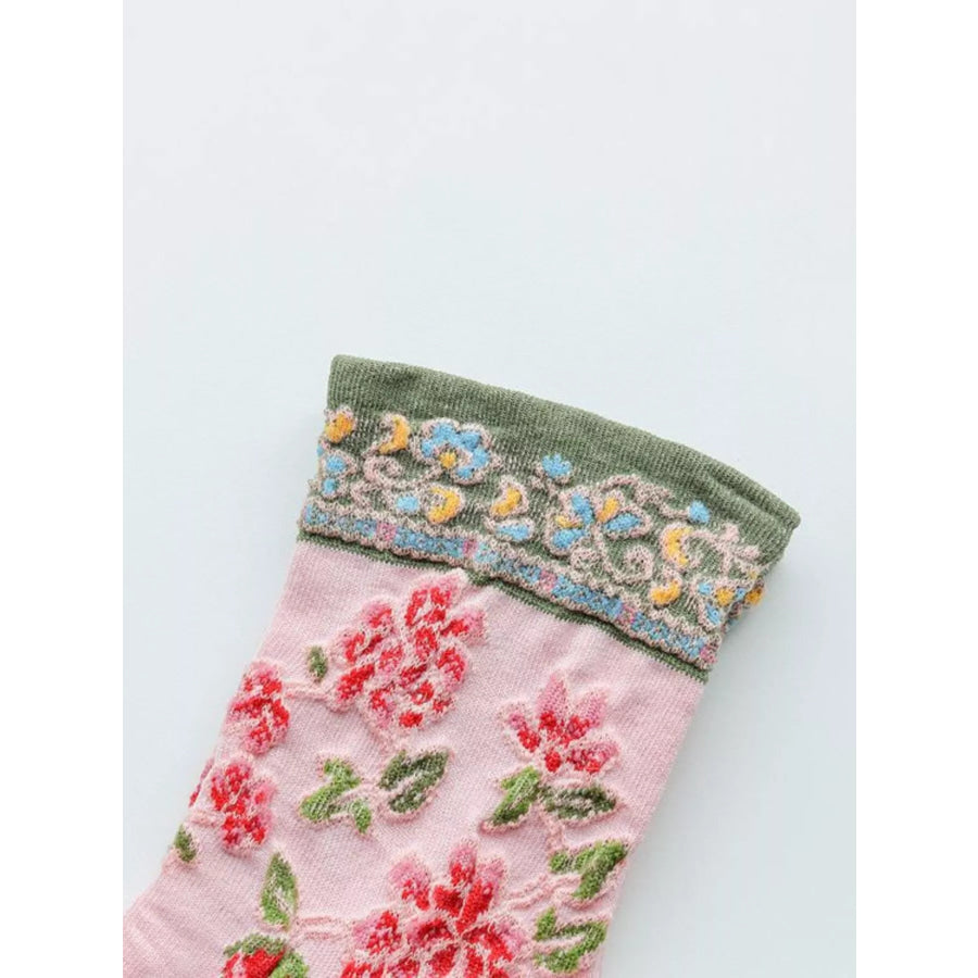 Floral Ankle Socks with Contrast Trim Pink / One Size Apparel and Accessories