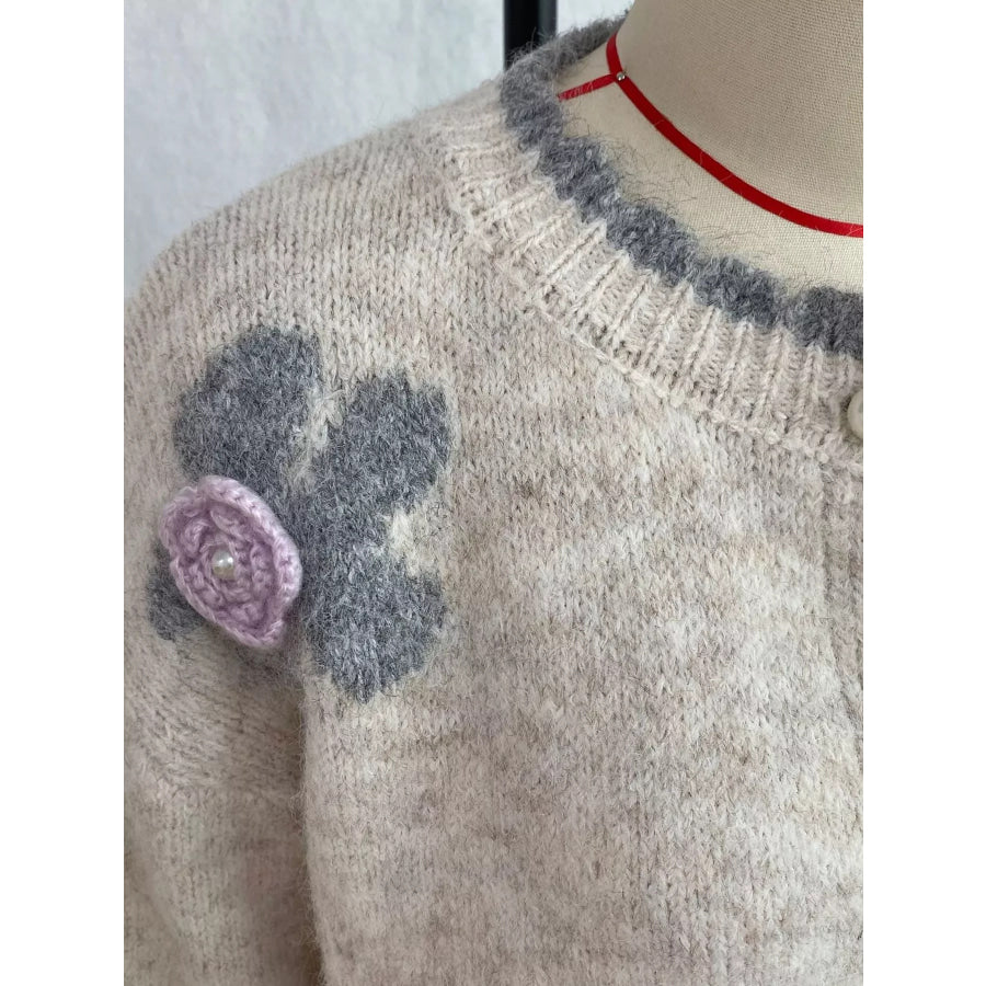 Floral Applique Button-Down Knit Cardigan Apparel and Accessories