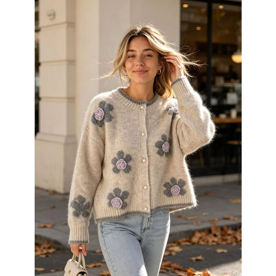 Floral Applique Button-Down Knit Cardigan Apparel and Accessories
