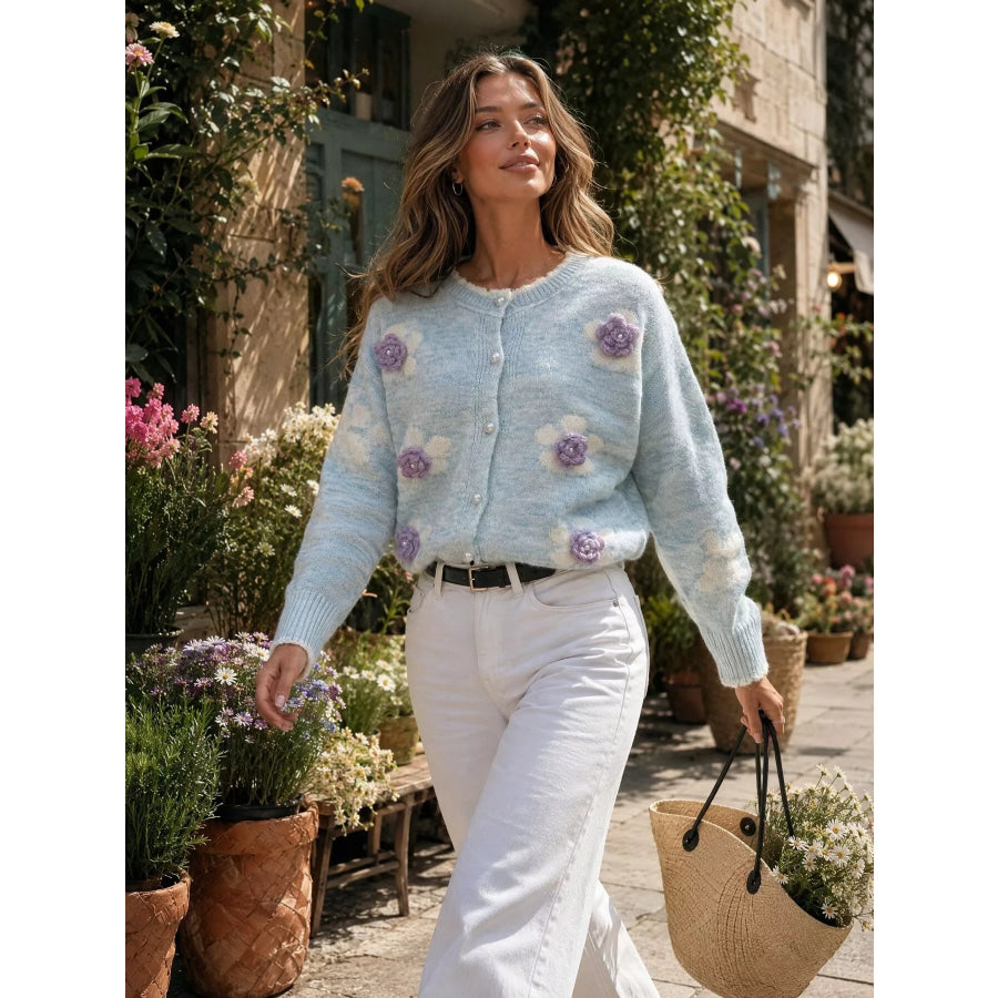 Floral Applique Button-Down Knit Cardigan Apparel and Accessories
