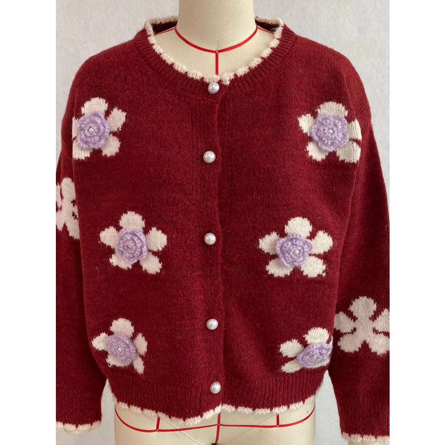 Floral Applique Button-Down Knit Cardigan Apparel and Accessories