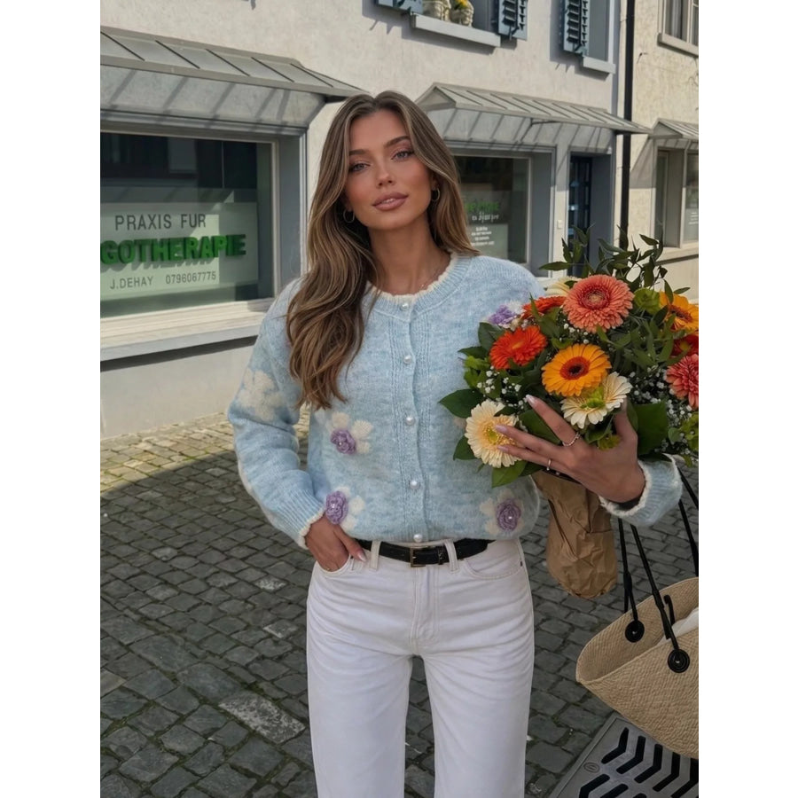 Floral Applique Button-Down Knit Cardigan Apparel and Accessories