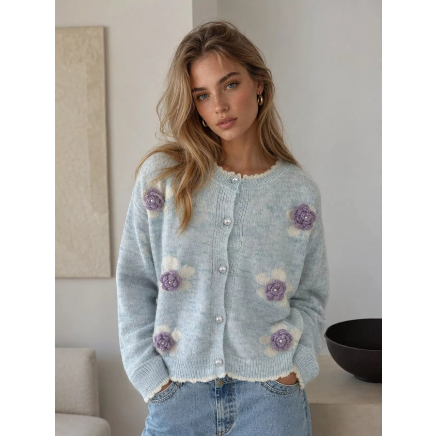 Floral Applique Button-Down Knit Cardigan Apparel and Accessories