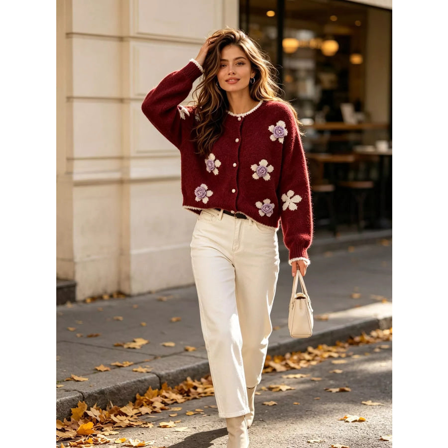 Floral Applique Button-Down Knit Cardigan Apparel and Accessories