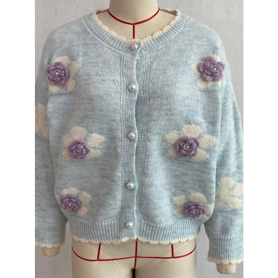 Floral Applique Button-Down Knit Cardigan Apparel and Accessories