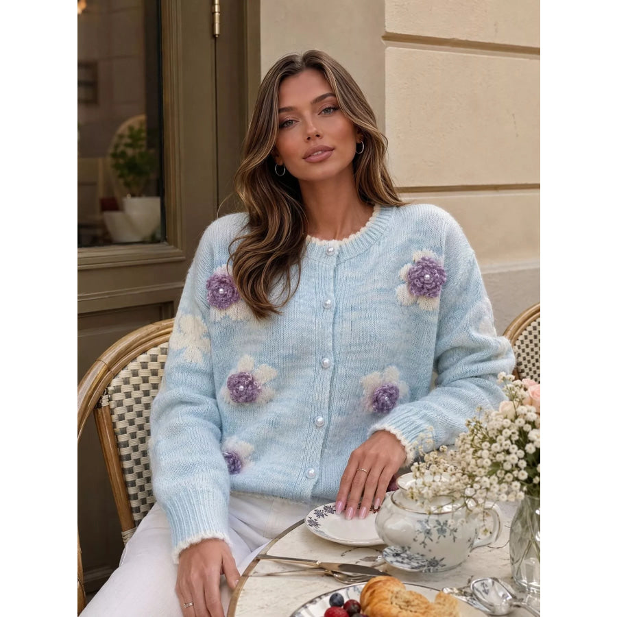 Floral Applique Button-Down Knit Cardigan Apparel and Accessories