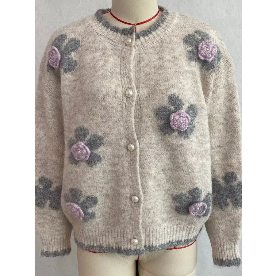 Floral Applique Button-Down Knit Cardigan Apparel and Accessories