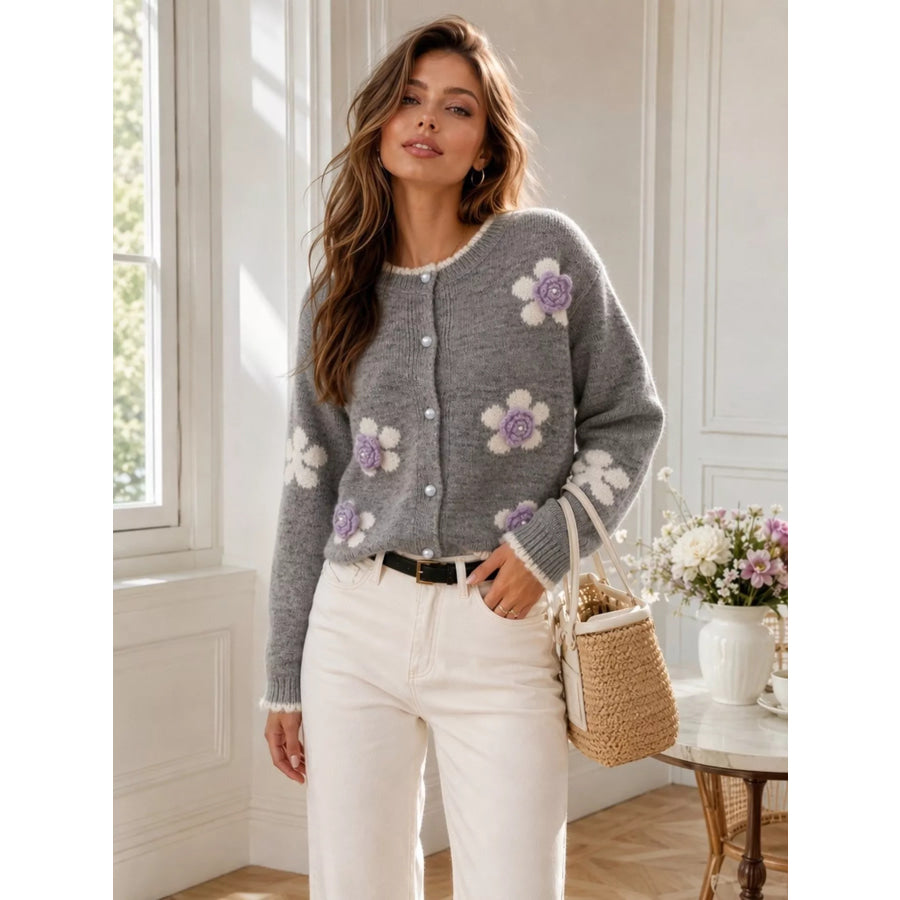 Floral Applique Button-Down Knit Cardigan Apparel and Accessories