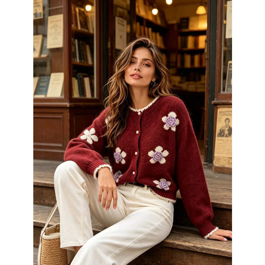 Floral Applique Button-Down Knit Cardigan Apparel and Accessories