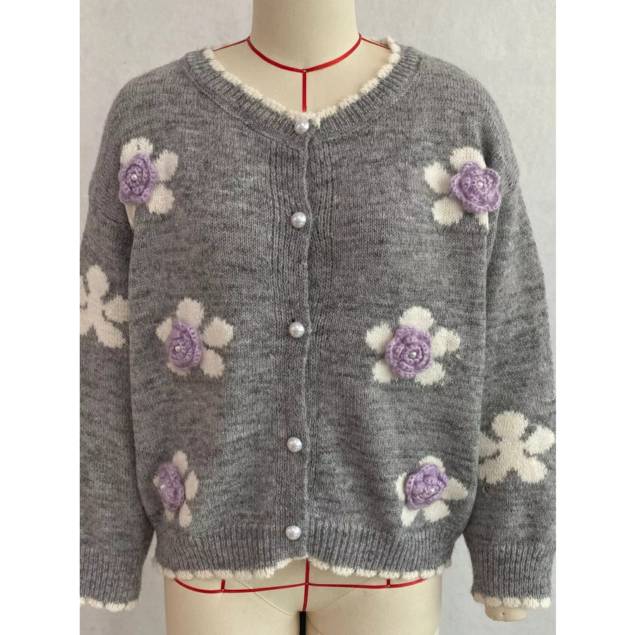 Floral Applique Button-Down Knit Cardigan Apparel and Accessories
