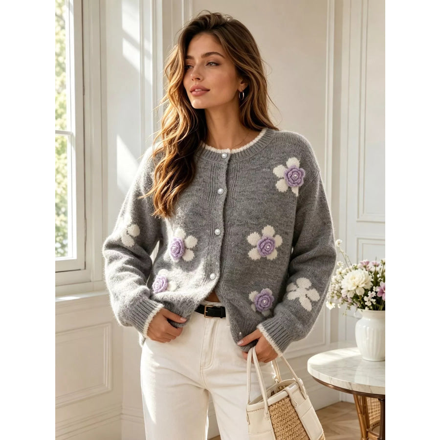 Floral Applique Button-Down Knit Cardigan Apparel and Accessories