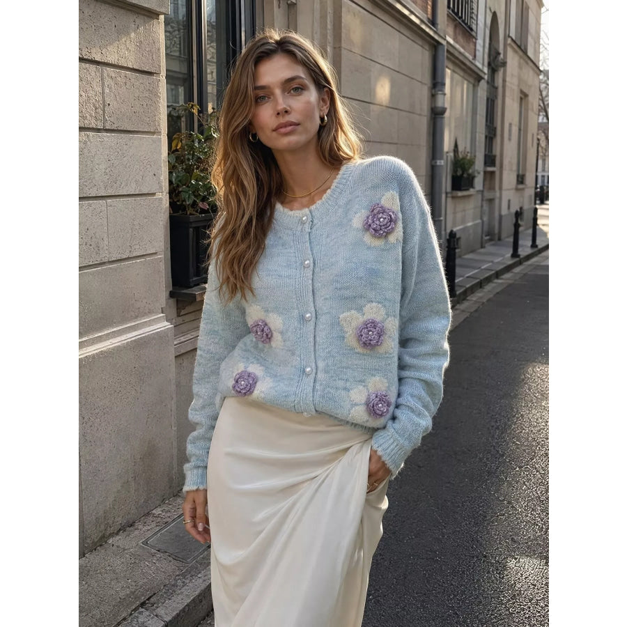 Floral Applique Button-Down Knit Cardigan Apparel and Accessories