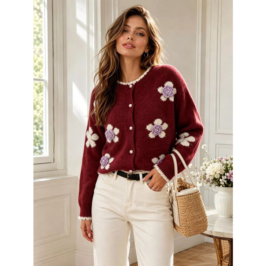 Floral Applique Button-Down Knit Cardigan Apparel and Accessories