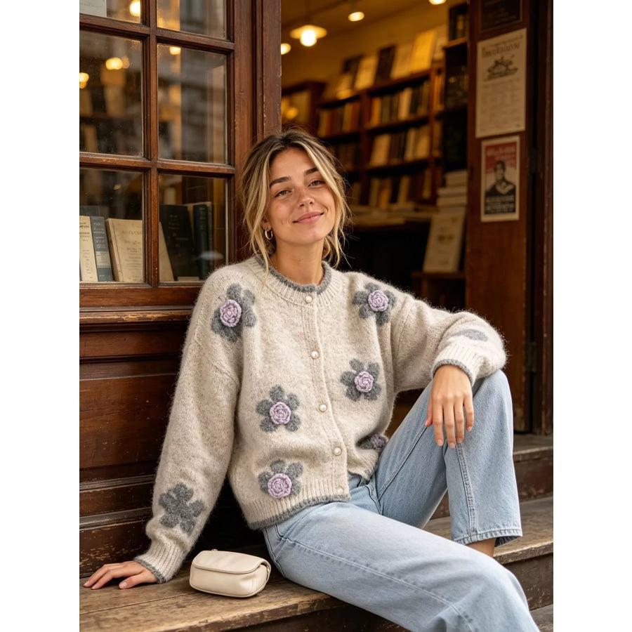 Floral Applique Button-Down Knit Cardigan Apparel and Accessories