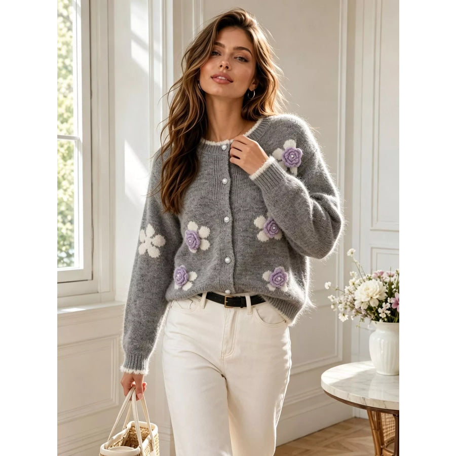 Floral Applique Button-Down Knit Cardigan Gray / One Size Apparel and Accessories