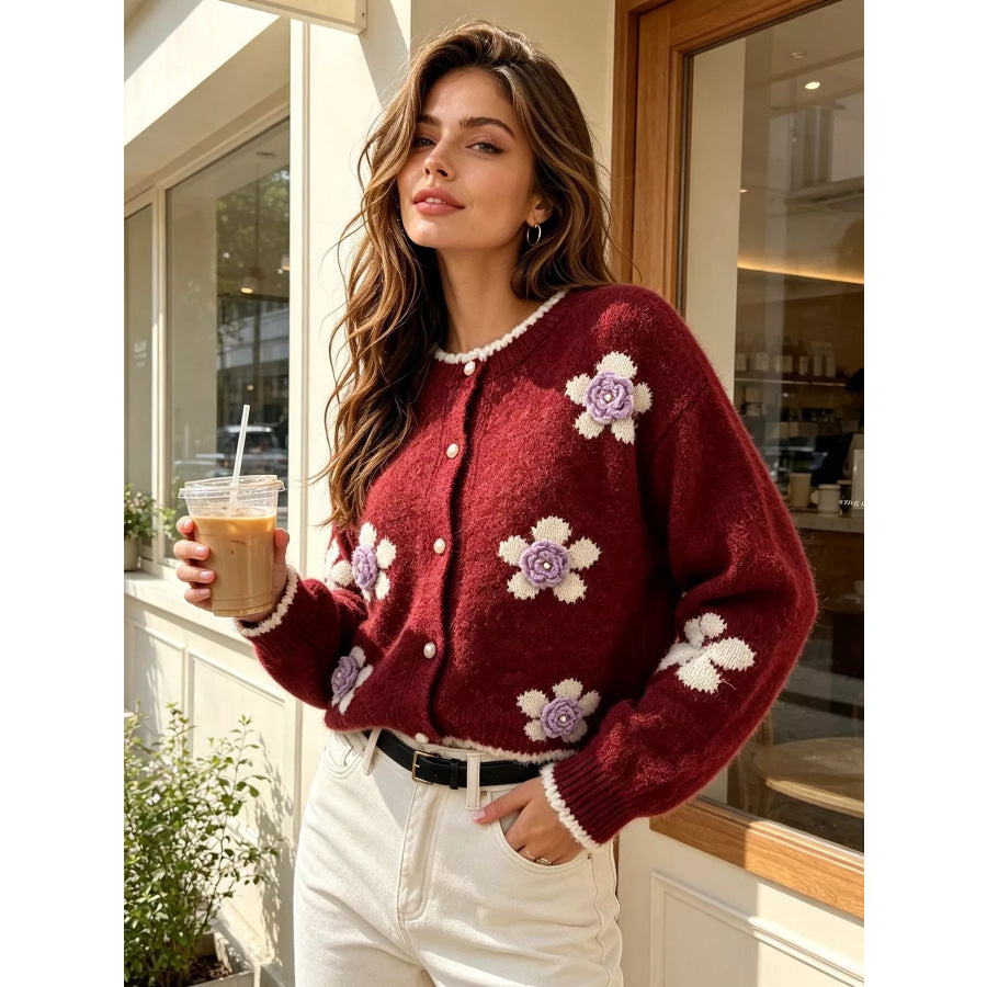 Floral Applique Button-Down Knit Cardigan Wine Red / One Size Apparel and Accessories