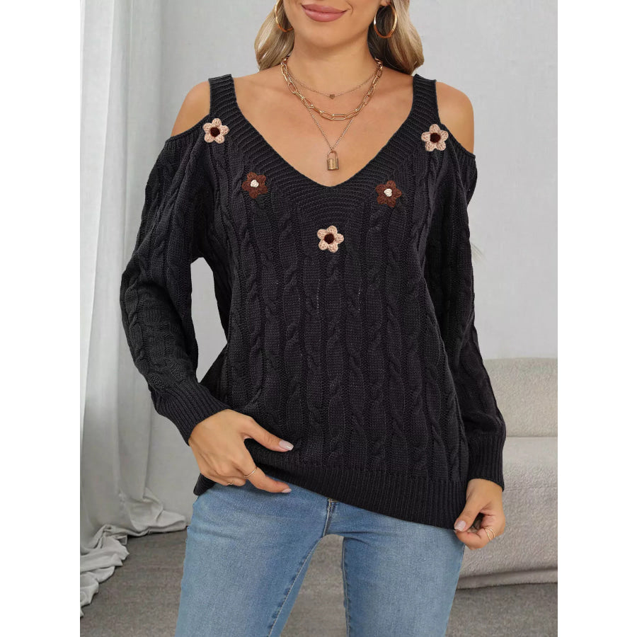 Floral Applique Cold Shoulder Cable Knit Sweater Black / S Apparel and Accessories