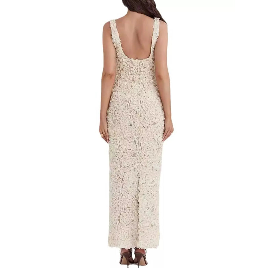 Floral Applique Deep V-Neck Maxi Dress Apparel and Accessories