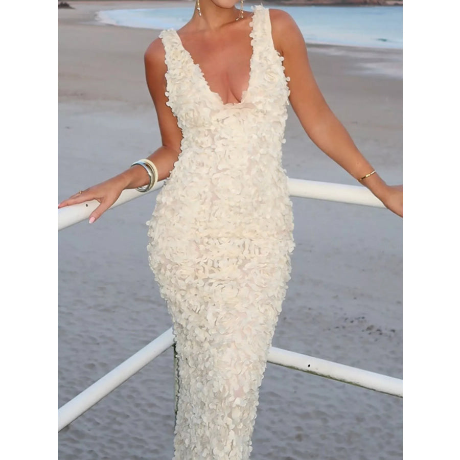 Floral Applique Deep V-Neck Maxi Dress White / S Apparel and Accessories